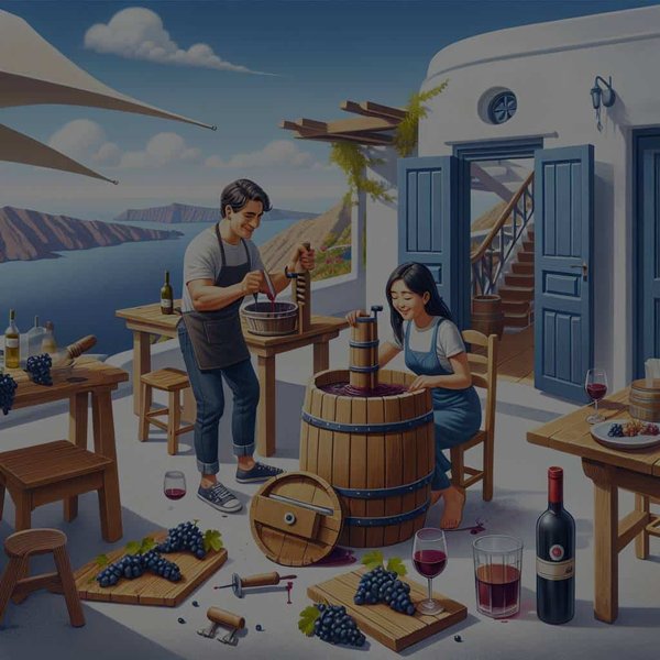 Est-il possible de séjourner dans une maison traditionnelle à Santorin avec une initiation à la vinification?